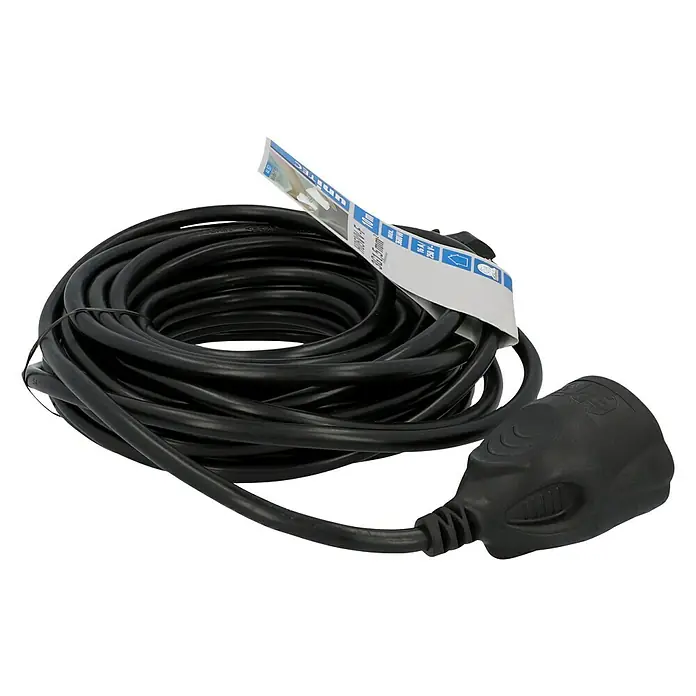 Verlängerungskabel - 10 m, Schwarz, H05VV-F - Abgebildet ist ein schwarzes Unitec Verlängerungskabel, aufgerollt und mit einem gut sichtbaren Stecker versehen.
