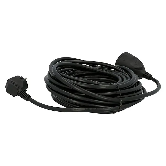 Verlängerungskabel - 10 m, Schwarz, H05VV-F - Aufgerolltes schwarzes Verlängerungskabel mit Stecker und Kupplung für den flexiblen Einsatz im Innen- und Außenbereich.