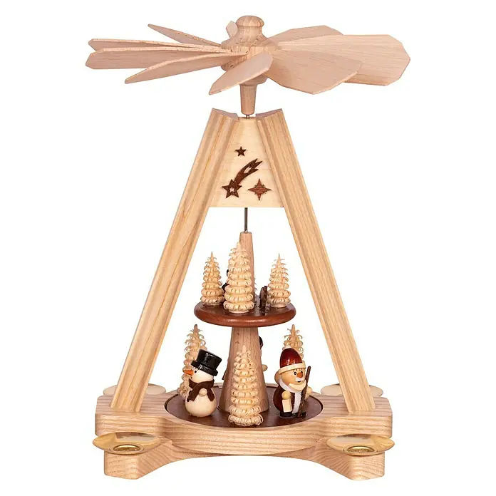 Teelichthalter Tischpyramide 2-stöckigØ x H: 18 cm x 24 m, Helles Holz, Holz - Weihnachtspyramide aus Holz mit Drehflügeln, Sternschnuppenmotiv und Figuren wie Schneemann und Weihnachtsmann.