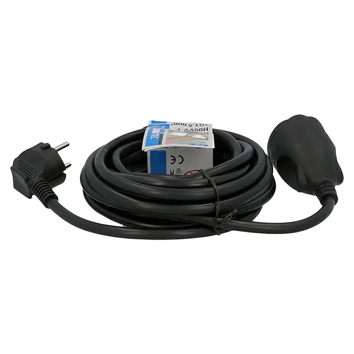 Voltomat Verlängerungskabel - 5 m, Schwarz, H05VV-F - Ein schwarzes Verlängerungskabel mit Schutzkontaktstecker und -kupplung, aufgerollt mit einem Unitec-Etikett in der Mitte.