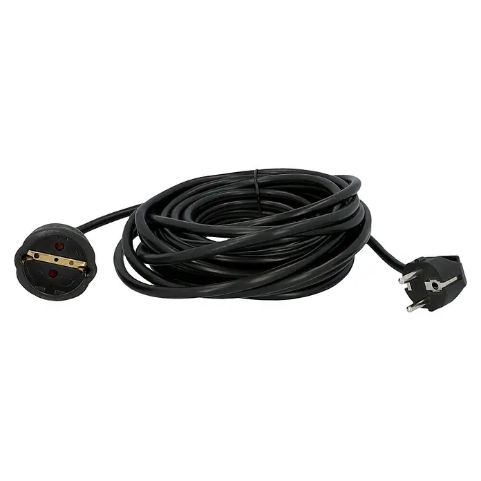 Voltomat Verlängerungskabel - 10 m, Schwarz, H05VV-F - Schwarzes Verlängerungskabel mit Schutzkontaktstecker und -kupplung, aufgerollt dargestellt.