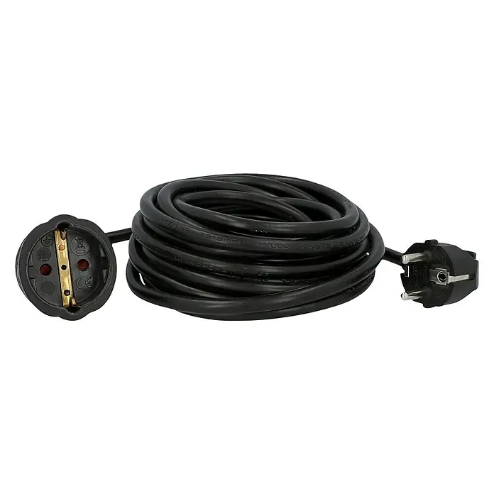 Voltomat Verlängerungskabel - 5 m, Schwarz, H05VV-F - Eine schwarze Verlängerungskabeltrommel mit Schuko-Stecker und -Kupplung, aufgerollt in der Mitte. Ideal für den Innen- und Außenbereich.