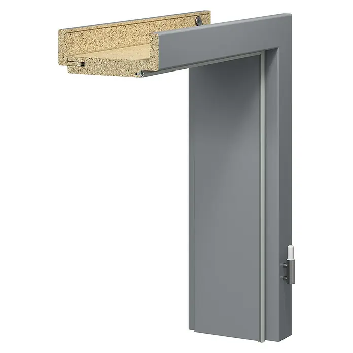 GetaDoor Lamineo Türzarge GLN 747 - 860 x 1.985 mm, Wandstärke: 145 mm, DIN Anschlag: Rechts, Staubgrau - Detailaufnahme eines grauen Türrahmens, der die Konstruktion und das Design dieses wichtigen Bauelements zeigt.