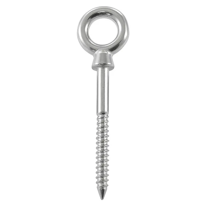 Marinetech Augbolzen - Ø x L: 8 x 80 mm, Edelstahl, A4, Silber - Nahaufnahme einer Ringschraube aus Metall mit einem scharfen Gewinde, ideal für sichere Befestigungen. Perfekt für Holzkonstruktionen.
