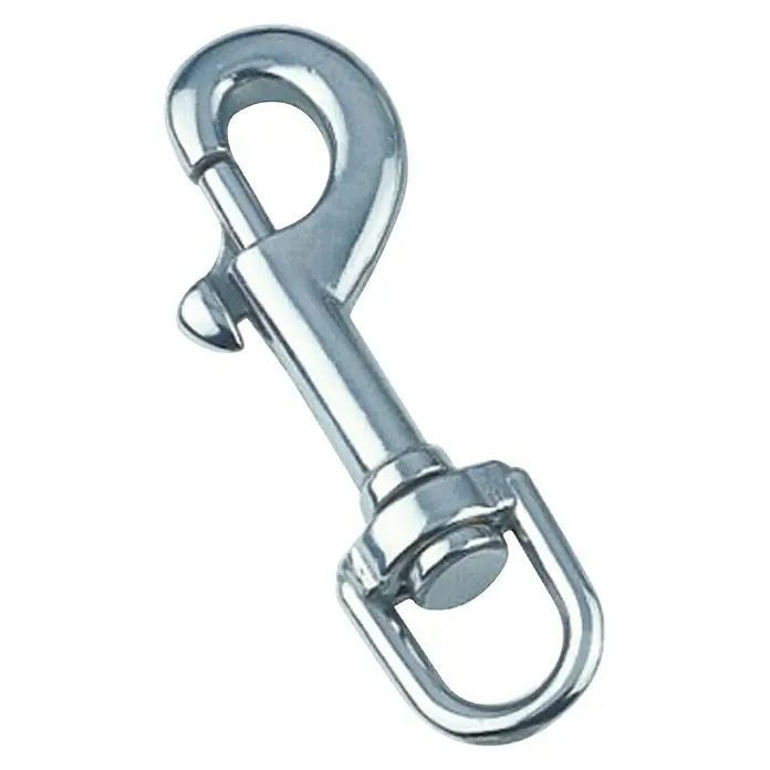 Marinetech Schnapphaken - Länge: 80 mm - Ein silberfarbener Karabinerhaken mit Drehgelenk, ideal für vielseitige Befestigungen und Anwendungen im Alltag.