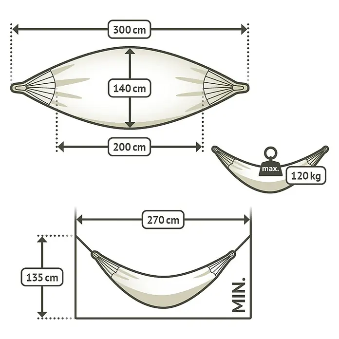 La Siesta Hängematte Modesta - L x B: 300 x 140 cm, Volcano, Single - Abmessungen der Hängematte und maximale Belastungsgrenze.