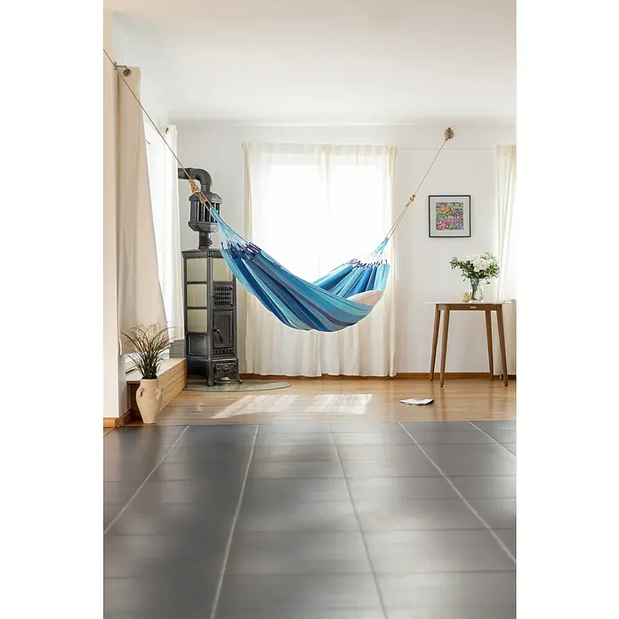 La Siesta Hängematte Modesta - L x B: 300 x 140 cm, Lagoon, Single - Hängematte im Innenraum mit blau-weißen Streifen. Entspannung pur mit dieser stilvollen Hängematte, die zum Verweilen einlädt.