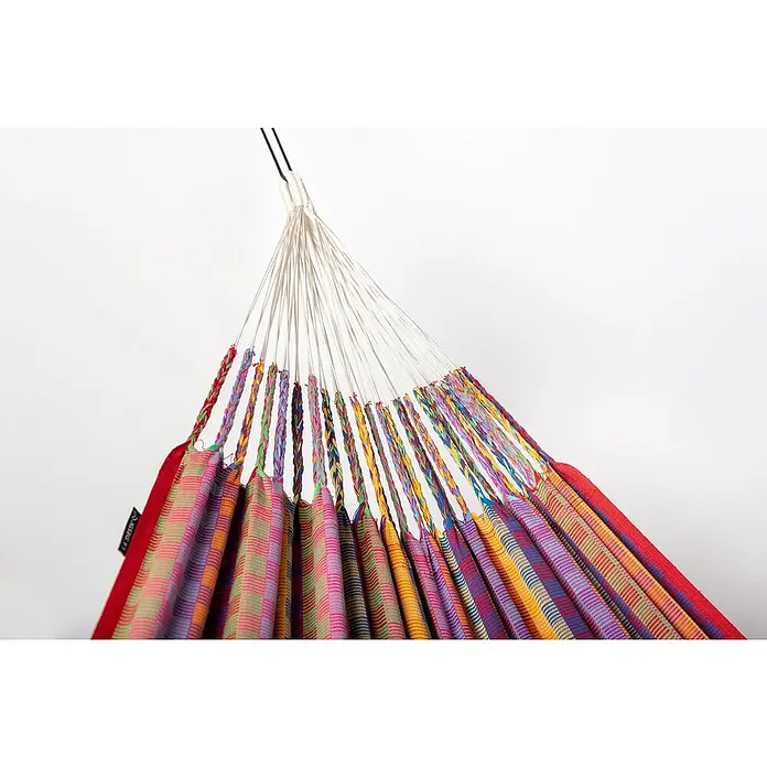 La Siesta Doppelhängematte Flora - L x B: 350 x 160 cm, Flowers, Ausführungseigenschaft: Double - Hängematte mit bunten Streifen und weißen Seilen. Ideal zum Entspannen im Garten oder auf der Terrasse, hergestellt aus robusten Materialien.