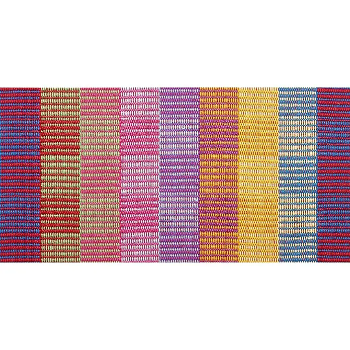 La Siesta Kissenhülle Cariño - Flowers, L x B: 50 x 50 cm, Baumwolle - Nahaufnahme eines bunten Stoffes mit Streifen in Rot, Blau, Gelb, Lila und Grün. Die Textur des Stoffes ist deutlich erkennbar.