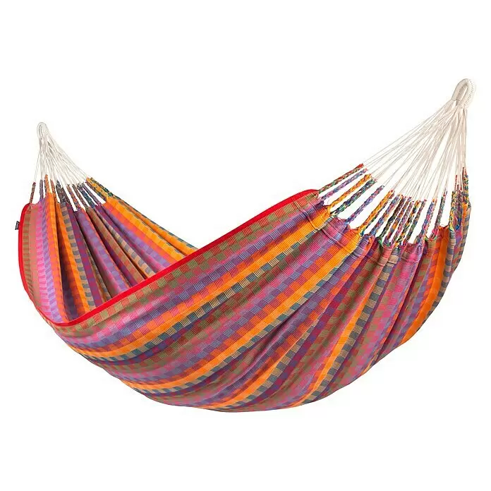 La Siesta Doppelhängematte Flora - L x B: 350 x 160 cm, Flowers, Ausführungseigenschaft: Double - Bunte, gestreifte Stoffhängematte mit weißen Seilen.
