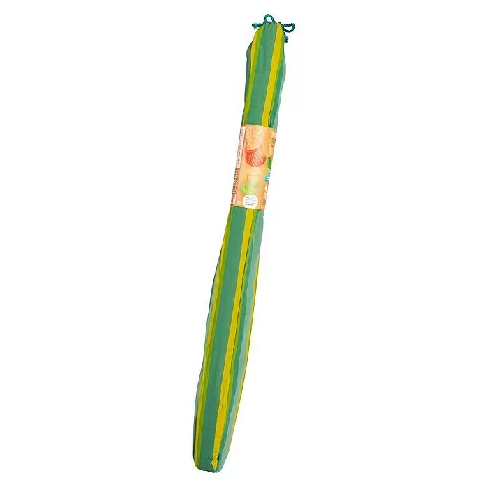 La Siesta Hängesessel Domingo Kingsize - Lime - Gerollte grün-gelb gestreifte Hängematte mit braunem Produktetikett und blauem Seilverschluss.