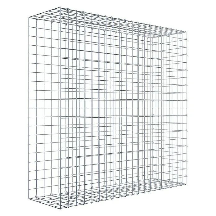 Gabiona Gabione Typ 2 - Zum Anbau in der Länge, 100 x 30 x 100 cm, Stahl, Maschenbreite: 50 mm, Maschenhöhe: 50 mm, C-Ring - Abbildung eines Gabionenkorbs aus silbergrauem Drahtgeflecht. Der Korb ist leer und bereit zur Befüllung mit Steinen oder anderen Materialien.