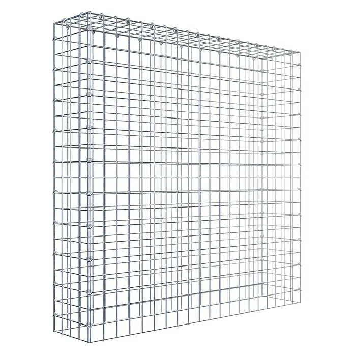 Gabiona Gabione Typ 3 - Zum Anbau in der Höhe, 100 x 20 x 100 cm, Stahl, Maschenbreite: 50 mm, Maschenhöhe: 50 mm, C-Ring - Das Bild zeigt einen Gabionenkorb, der aus einem stabilen, rechteckigen Drahtgitter besteht und für verschiedene Anwendungen im Gartenbau geeignet ist.