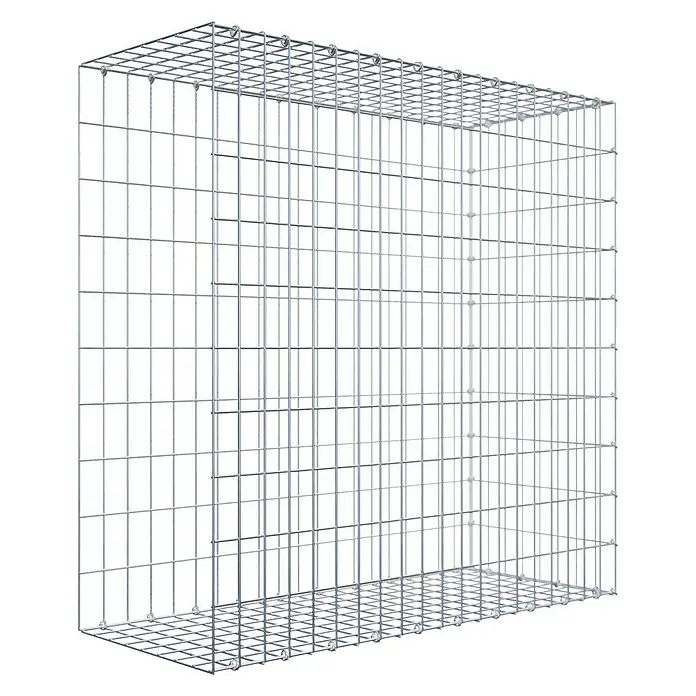 Gabiona Gabione Typ 2 - Zum Anbau in der Länge, 100 x 40 x 100 cm, Stahl, Maschenbreite: 50 mm, Maschenhöhe: 100 mm, C-Ring - Ansicht eines Gabionenkorbs aus verzinktem Drahtgeflecht, ideal für Gartenbau und Landschaftsgestaltung, auf schwarzem Hintergrund.
