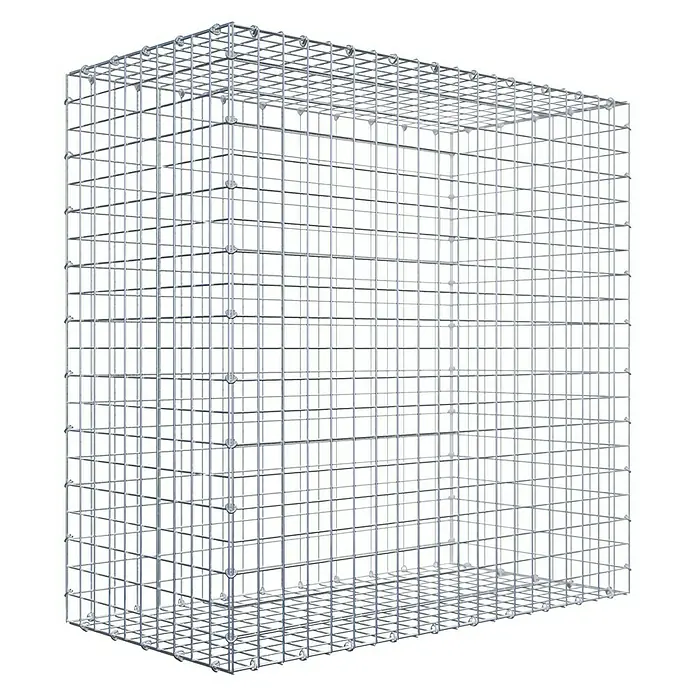 Gabione - 100 x 50 x 100 cm, Stahl, Maschenbreite: 50 mm, Maschenhöhe: 50 mm - Das Bild zeigt einen rechteckigen Gabionenkorb aus Drahtgeflecht vor einem schwarzen Hintergrund. Ideal für Garten- und Landschaftsbauprojekte.