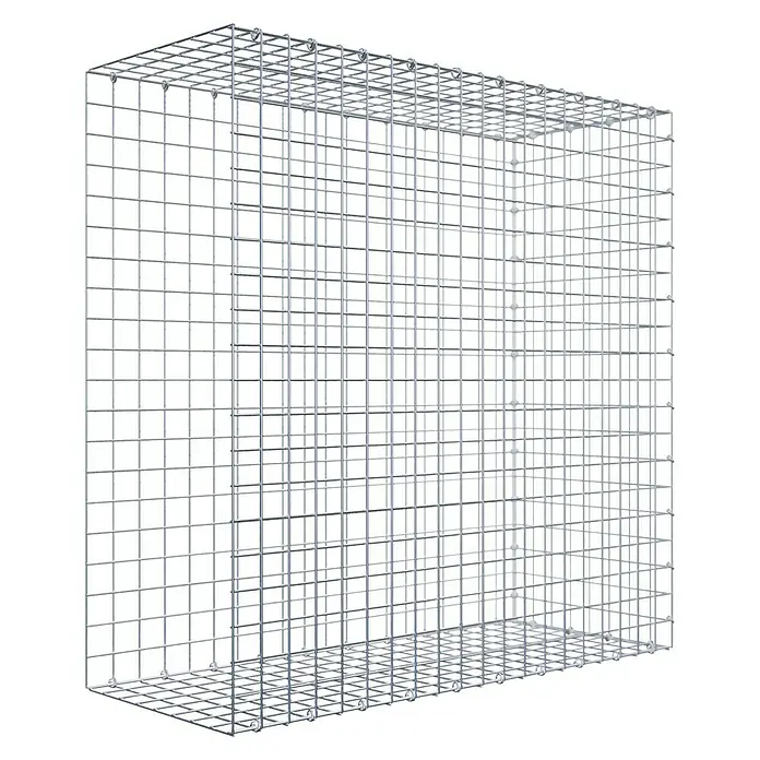 Gabiona Gabione Typ 2 - Zum Anbau in der Länge, 100 x 40 x 100 cm, Stahl, Maschenbreite: 50 mm, Maschenhöhe: 50 mm, C-Ring - Ein rechteckiger Gabionen-Korb aus silberfarbenem Drahtgeflecht, ideal für den Garten- und Landschaftsbau, auf schwarzem Hintergrund.