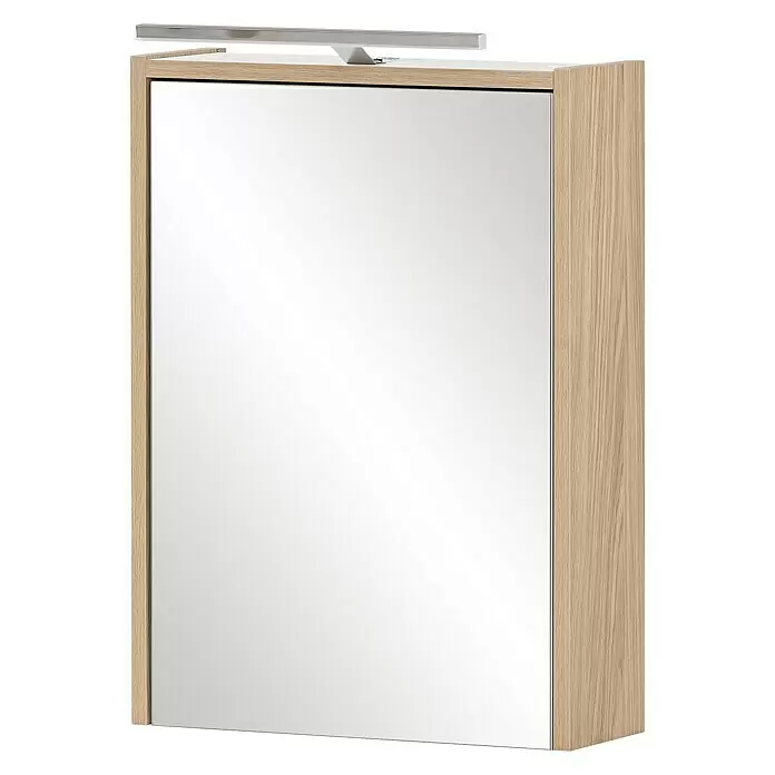 Schildmeyer LED-Spiegelschrank Elba/Flag - B x H: 43,5 x 64 cm, Mit Beleuchtung, Holz, Eiche - Spiegelbadschrank mit hellem Holzrahmen und integrierter silberner LED-Leiste oben.