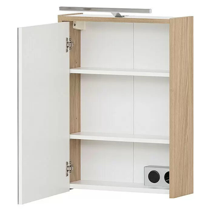 Schildmeyer LED-Spiegelschrank Elba/Flag - B x H: 43,5 x 64 cm, Mit Beleuchtung, Holz, Eiche - Offener Badezimmer-Wandschrank mit heller Holzrahmen, weißer Tür und Regalböden, inklusive Aufsatzleuchte.