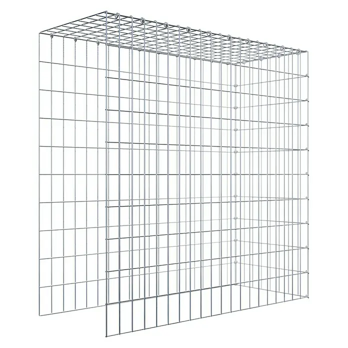 Gabiona Gabione Typ 4 - Zum Anbau in Länge & Höhe, 100 x 40 x 100 cm, Stahl, Maschenbreite: 50 mm, Maschenhöhe: 100 mm, C-Ring - Draufsicht auf einen leeren Gabionenkorb aus Drahtgitter, der auf einem schwarzen Hintergrund steht. Die Maschen sind quadratisch und gleichmäßig.