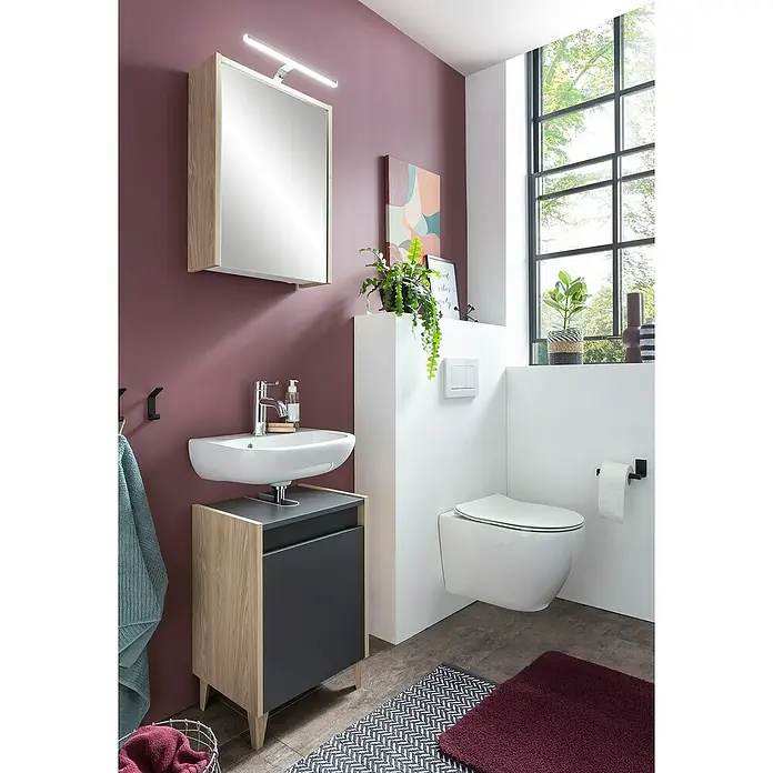 Schildmeyer LED-Spiegelschrank Elba/Flag - B x H: 43,5 x 64 cm, Mit Beleuchtung, Holz, Eiche - Modernes Badezimmer mit Waschtischunterschrank, hängendem WC und stilvoller Dekoration in einem Raum mit viel Tageslicht.