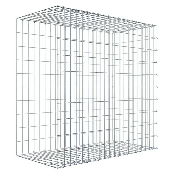 Gabiona Gabione Typ 2 - Zum Anbau in der Länge, 100 x 50 x 100 cm, Stahl, Maschenbreite: 50 mm, Maschenhöhe: 100 mm, C-Ring - Draufsicht auf einen leeren, rechteckigen Gabionenkorb aus verzinktem Drahtgitter mit quadratischen Maschen und schwarzem Hintergrund.