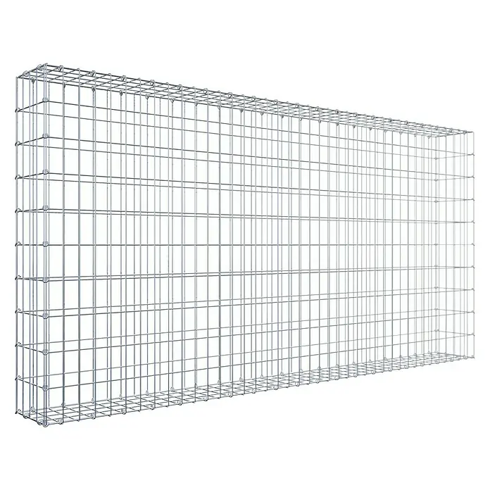Gabiona Gabione - 200 x 20 x 100 cm, Stahl, Maschenbreite: 50 mm, Maschenhöhe: 100 mm - Das Bild zeigt einen rechteckigen Gabionenkorb aus silbernem Drahtgitter vor einem schwarzen Hintergrund. Der Korb ist leer und detailreich.