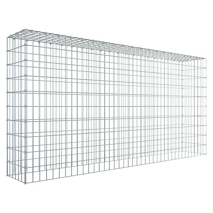 Gabiona Gabione Typ 3 - Zum Anbau in der Höhe, 200 x 30 x 100 cm, Stahl, Maschenbreite: 50 mm, Maschenhöhe: 100 mm, C-Ring - Das Bild zeigt einen Gabionenkorb aus Drahtgitter, der leer und bereit zur Befüllung ist. Der Korb hat eine rechteckige Form und ist silberfarben.