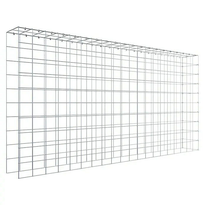 Gabiona Gabione Typ 4 - Zum Anbau in Länge & Höhe, 200 x 20 x 100 cm, Stahl, Maschenbreite: 100 mm, Maschenhöhe: 100 mm, C-Ring - Nahaufnahme eines rechteckigen Gabionen-Drahtkorbs vor schwarzem Hintergrund. Ideal für den Garten- und Landschaftsbau.