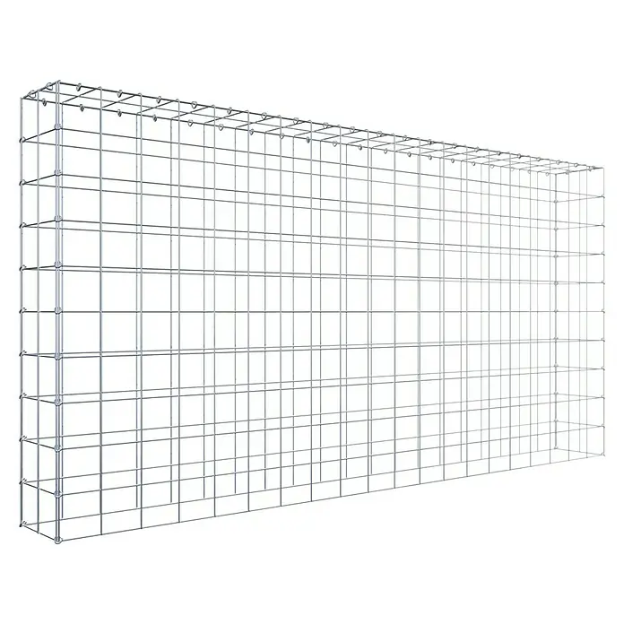 Gabiona Gabione Typ 3 - Zum Anbau in der Höhe, 200 x 20 x 100 cm, Stahl, Maschenbreite: 100 mm, Maschenhöhe: 100 mm - Das Bild zeigt einen Gabionenkorb aus silberfarbenem Drahtgitter auf schwarzem Hintergrund. Er ist rechteckig und besteht aus vielen kleinen Quadraten.