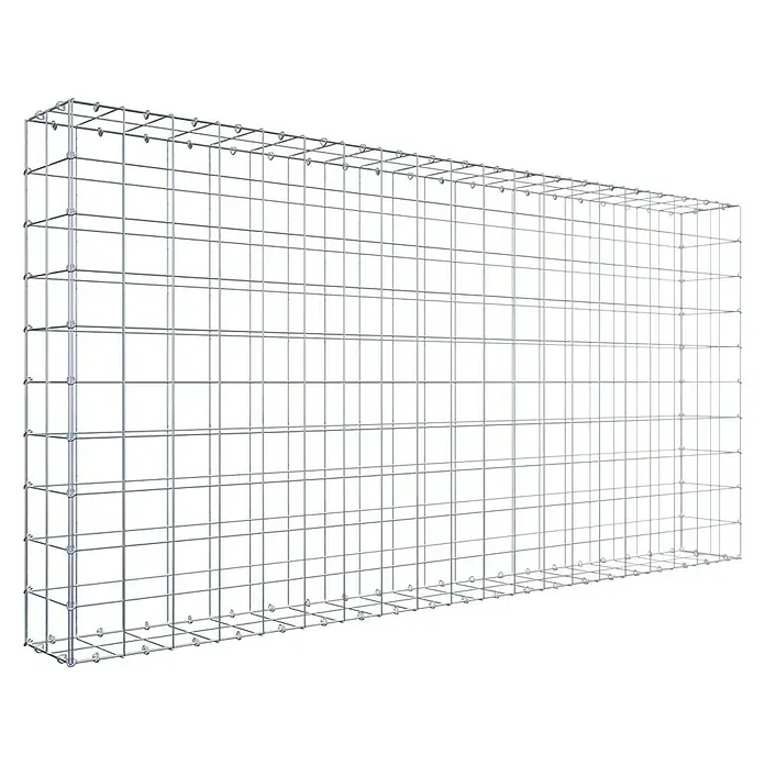 Gabiona Gabione - 200 x 20 x 100 cm, Stahl, Maschenbreite: 100 mm, Maschenhöhe: 100 mm - Nahaufnahme eines Gabionenkorbs aus Drahtgeflecht. Der Korb ist leer und steht vor einem schwarzen Hintergrund. Ideal für Landschaftsbau.