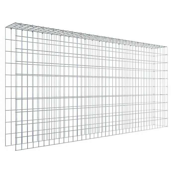 Gabiona Gabione Typ 4 - Zum Anbau in Länge & Höhe, 200 x 20 x 100 cm, Stahl, Maschenbreite: 50 mm, Maschenhöhe: 100 mm, C-Ring - Nahaufnahme eines Gabionenkäfigs, der aus einem robusten Drahtgitter gefertigt ist und eine stabile Struktur für verschiedene Anwendungen bietet.