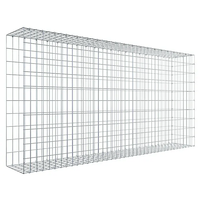 Gabiona Gabione Typ 2 - Zum Anbau in der Länge, 200 x 30 x 100 cm, Stahl, Maschenbreite: 50 mm, Maschenhöhe: 100 mm, C-Ring - Ansicht eines Gabionenkorbs aus verzinktem Drahtgeflecht. Er ist quaderförmig und leer.