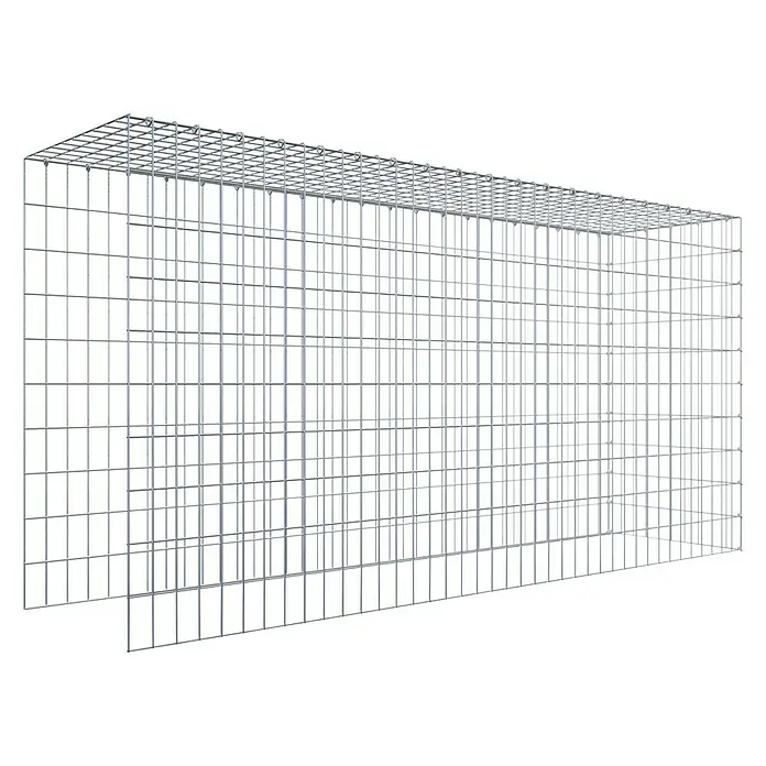 Gabiona Gabione Typ 4 - Zum Anbau in Länge & Höhe, 200 x 50 x 100 cm, Stahl, Maschenbreite: 50 mm, Maschenhöhe: 100 mm, C-Ring - Draufsicht eines länglichen Gabionenkorbs aus verzinktem Drahtgeflecht auf schwarzem Hintergrund.