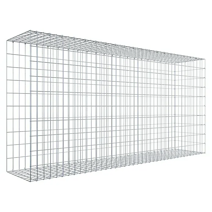 Gabiona Gabione Typ 2 - Zum Anbau in der Länge, 200 x 40 x 100 cm, Stahl, Maschenbreite: 50 mm, Maschenhöhe: 100 mm, C-Ring - Ein rechteckiger Gabionenkorb aus Drahtgeflecht auf schwarzem Hintergrund, ideal für Gartenbau und Landschaftsgestaltung.