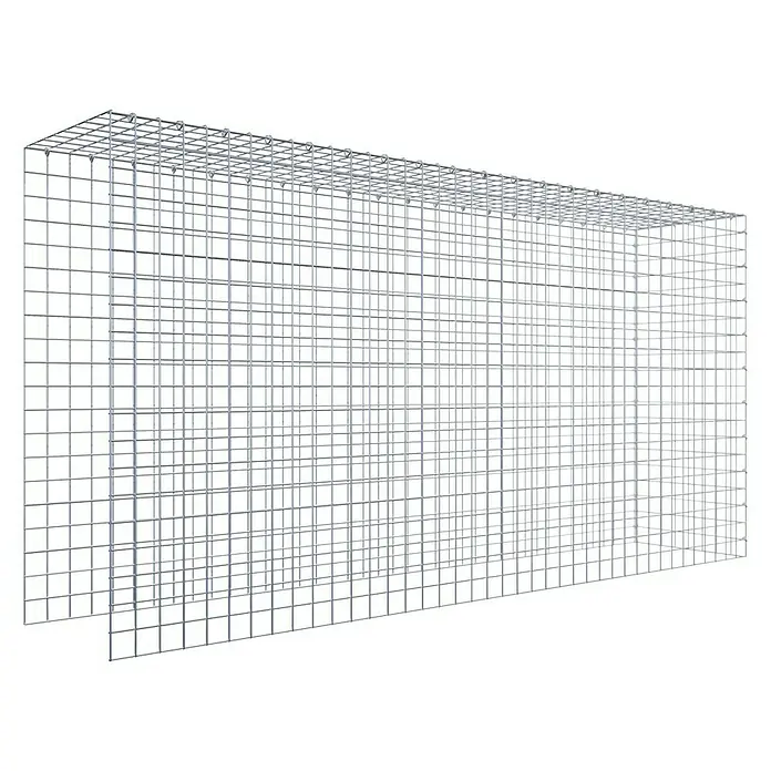Gabiona Gabione Typ 4 - Zum Anbau in Länge & Höhe, 200 x 40 x 100 cm, Stahl, Maschenbreite: 50 mm, Maschenhöhe: 50 mm, C-Ring - Draufsicht auf eine silberfarbene quadratische Drahtgitterbox, die Stabilität und industrielle Festigkeit für Lager- und Bauanwendungen bietet.