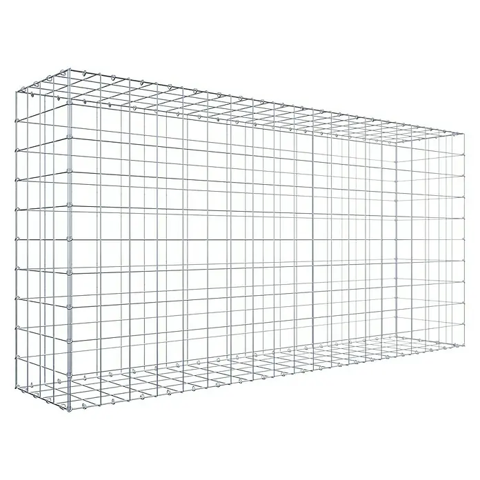 Gabiona Gabione - 200 x 40 x 100 cm, Stahl, Maschenbreite: 100 mm, Maschenhöhe: 100 mm - Das Bild zeigt einen rechteckigen Gabionenkorb aus Drahtgeflecht. Er ist leer und bereit zur Befüllung mit Steinen oder anderen Materialien.