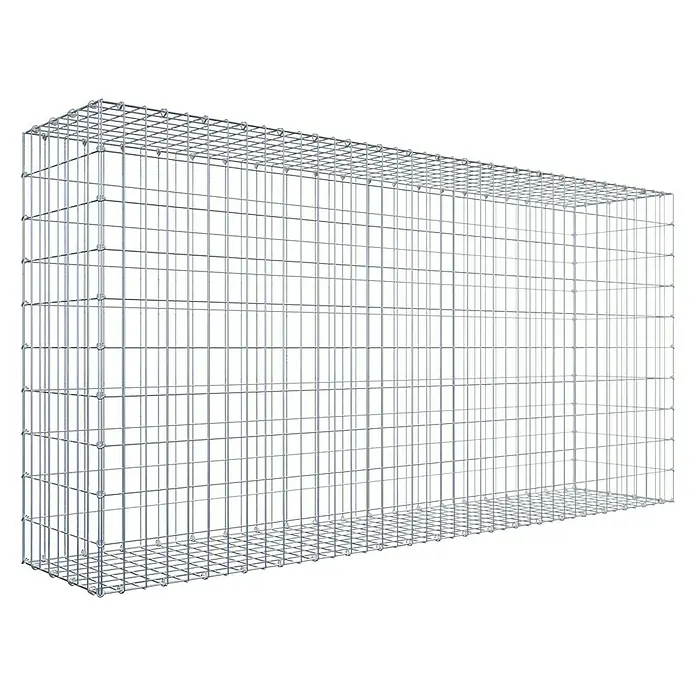 Gabiona Gabione - 200 x 40 x 100 cm, Stahl, Maschenbreite: 50 mm, Maschenhöhe: 100 mm - Draufsicht auf einen Gabionen-Steinkorb, eine Gitterbox für Steine. Das Produkt besteht aus einem rechteckigen, silberfarbenem Drahtgeflecht.