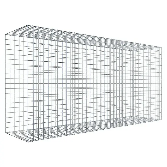 Gabiona Gabione Typ 2 - Zum Anbau in der Länge, 200 x 50 x 100 cm, Stahl, Maschenbreite: 50 mm, Maschenhöhe: 50 mm, C-Ring - Das Bild zeigt einen rechteckigen Drahtkäfig mit quadratischen Maschen, der eine stabile und transparente Struktur bildet. Ideal für Lagerung oder Schutz.