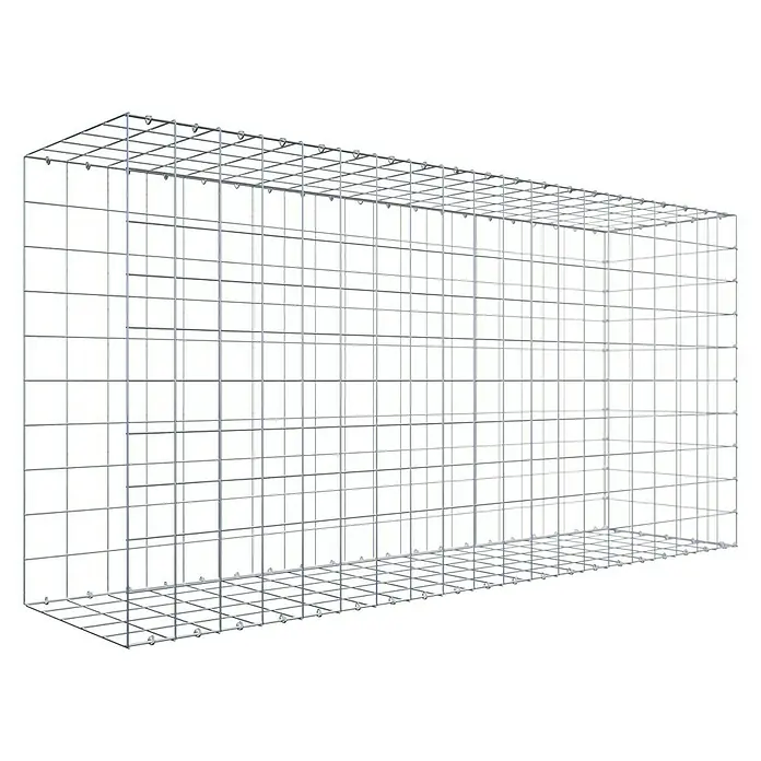 Gabiona Gabione Typ 2 - Zum Anbau in der Länge, 200 x 50 x 100 cm, Stahl, Maschenbreite: 100 mm, Maschenhöhe: 100 mm, C-Ring - Ansicht eines Gabionenkorbs, einer rechteckigen Drahtgitterstruktur zur Befüllung mit Steinen oder Erde, isoliert auf schwarzem Hintergrund.