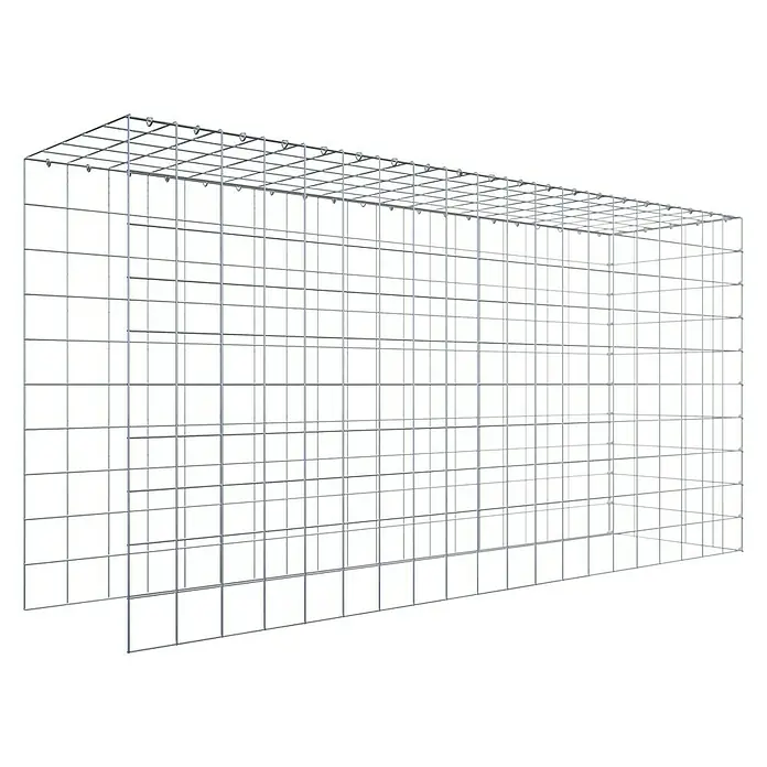 Gabiona Gabione Typ 4 - Zum Anbau in Länge & Höhe, 200 x 50 x 100 cm, Stahl, Maschenbreite: 100 mm, Maschenhöhe: 100 mm, C-Ring - Ein rechteckiger Gabionenkorb aus silberfarbenem Drahtgitter, ideal für Gartenbau und Landschaftsgestaltung. Robust und vielseitig einsetzbar.