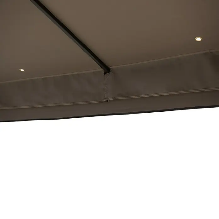 Sunjoy Pavillon Aneto - B x T: 360 x 300 cm, Farbe Gestell: Braun, Stahl - Nahaufnahme des braunen Überdachungsstoffes mit dunklen Streben und kleinen Leuchten für eine stilvolle Außenbereichgestaltung.