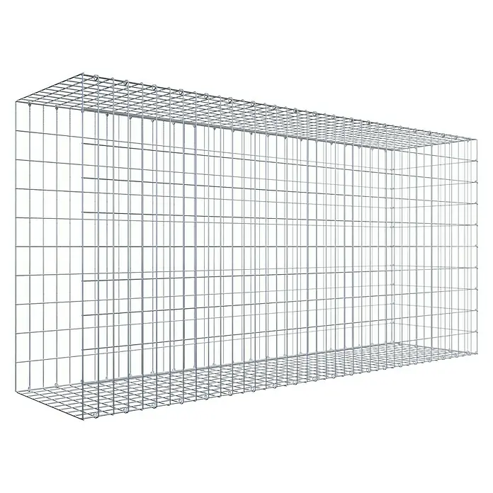 Gabiona Gabione Typ 2 - Zum Anbau in der Länge, 200 x 50 x 100 cm, Stahl, Maschenbreite: 50 mm, Maschenhöhe: 100 mm, C-Ring - Abbildung eines leeren Gabionenkorbs aus Drahtgeflecht, der sich ideal für den Bau von Stützmauern oder dekorativen Elementen im Garten eignet.