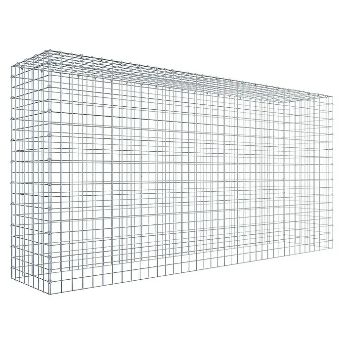 Gabiona Gabione Typ 3 - Zum Anbau in der Höhe, 200 x 40 x 100 cm, Stahl, Maschenbreite: 50 mm, Maschenhöhe: 50 mm, C-Ring - Ein rechteckiger Gabionenkorb aus silberfarbenem Metalldraht auf schwarzem Hintergrund. Das Gitterwerk ist regelmäßig und stabil.