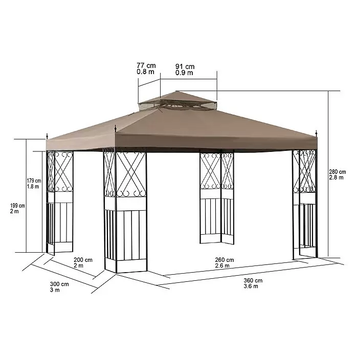 Sunjoy Pavillon Aneto - B x T: 360 x 300 cm, Farbe Gestell: Braun, Stahl - Skizze
