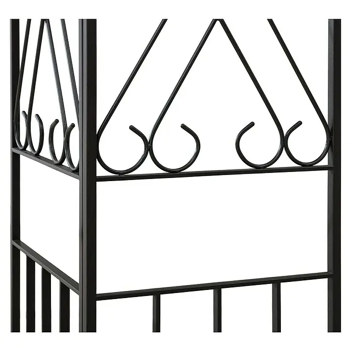Sunjoy Pavillon Aneto - B x T: 360 x 300 cm, Farbe Gestell: Braun, Stahl - Nahaufnahme einer schwarzen Gartenlaube mit dekorativen Elementen und filigranem Design, die sich ideal für den Garten eignet.