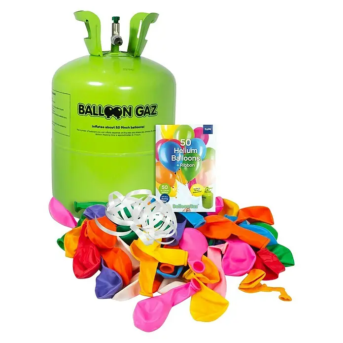 Folat Ballongas-Flasche inkl. 50 Ballons - Passend für: 50 Ballons - Ein grüner Heliumtank "Balloon Gaz" mit Luftballons und einer Verpackung mit 50 Heliumballons plus Band.