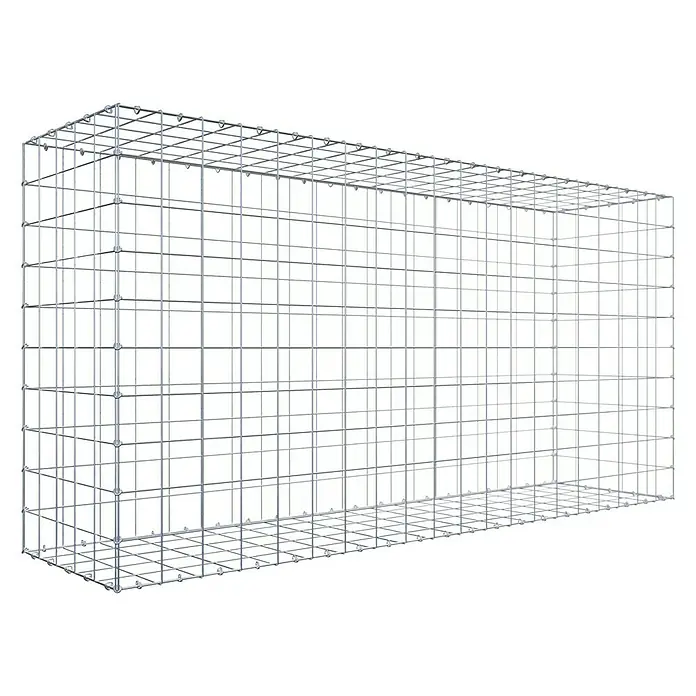 Gabione - 200 x 50 x 100 cm, Stahl, Maschenbreite: 100 mm, Maschenhöhe: 100 mm - Darstellung eines Gabionenkorbs. Der rechteckige Drahtkorb besteht aus einem stabilen Metallgitter und ist leer, bereit für die Befüllung mit Steinen.
