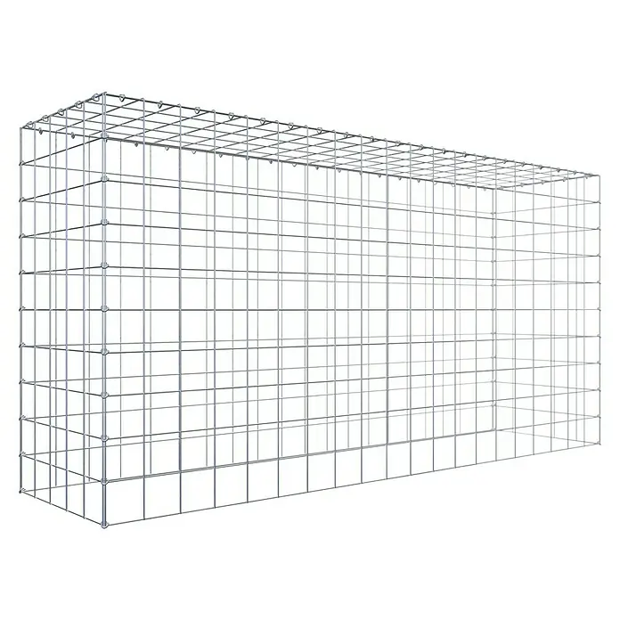 Gabiona Gabione Typ 3 - Zum Anbau in der Höhe, 200 x 50 x 100 cm, Stahl, Maschenbreite: 100 mm, Maschenhöhe: 100 mm - Ansicht eines Gabionenkäfigs aus Metalldraht mit rechteckiger Form vor einem schwarzen Hintergrund.