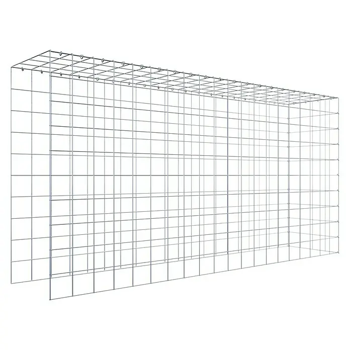 Gabiona Gabione Typ 4 - Zum Anbau in Länge & Höhe, 200 x 40 x 100 cm, Stahl, Maschenbreite: 100 mm, Maschenhöhe: 100 mm, C-Ring - Das Bild zeigt einen Gabionenkorb aus silberfarbenem Drahtgitter auf schwarzem Hintergrund, der eine robuste und vielseitige Lösung für den Gartenbau bietet.
