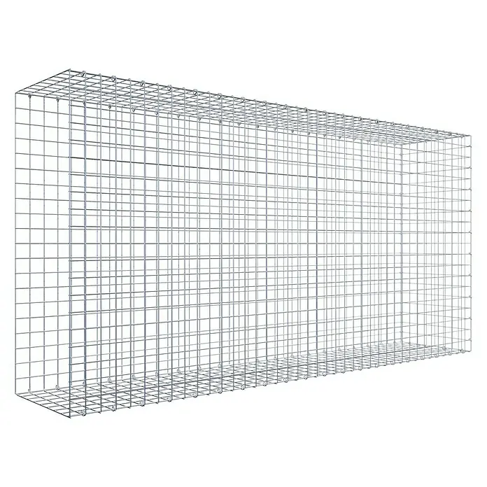 Gabiona Gabione Typ 2 - Zum Anbau in der Länge, 200 x 40 x 100 cm, Stahl, Maschenbreite: 50 mm, Maschenhöhe: 50 mm, C-Ring - Das Bild zeigt einen rechteckigen Gabionenkorb aus Drahtgeflecht. Er ist leer und bereit zur Befüllung mit Steinen oder anderen Materialien.